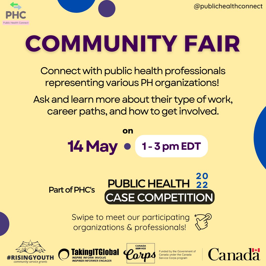 _phconnect's tweet photo. PHC’s Public Health Case Competition has a Community Fair! 🙌 Interested in connecting with different public health organizations and learning more about potential PH careers? This is the event for you! Register here: https://t.co/UDSJXG3i4i https://t.co/9c9prE66CB