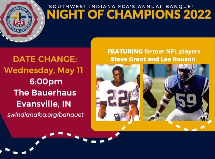 SWIndianaFCA's tweet image. ❗️🎉 ✨Night of Champions is May 11th! ✨️🎉 We're just two weeks away!! The keynote speakers will be former NFL players Steve Grant and Lee Rouson. Click the link below to register to attend!

swindianafca.org/banquet