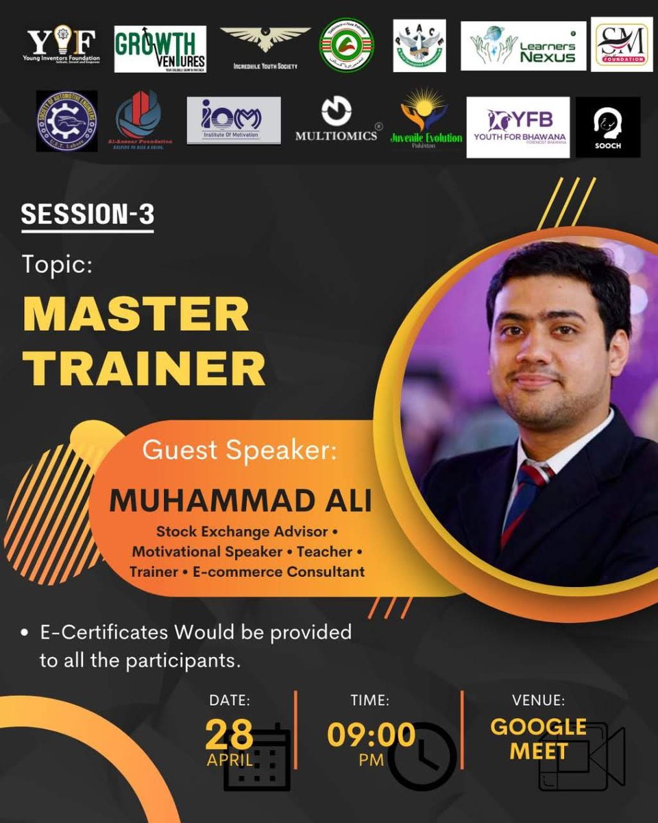 org_yif's tweet photo. 4 Days Training Workshop 
SESSION: 3 
MODERATOR: MUHAMMAD ALI 
Date: 28th April 
Timings: 9 pm
TOPIC: MASTER TRAINER
Venue:Facebook live. 
Different aspects of how to master  Training will be covered in the session 
#Training #workshops 
#teamyif #yifdotorg https://t.co/SVHCvbNGSb
