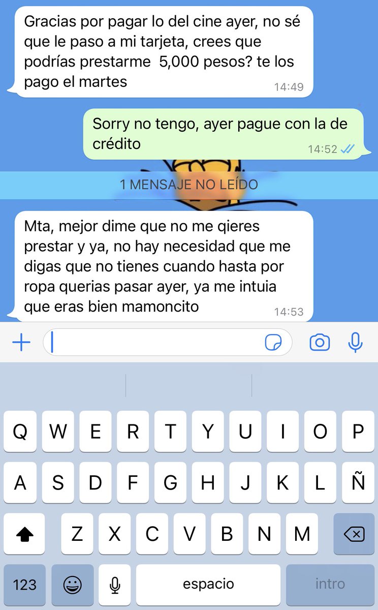 alocolmenares's tweet photo. Un vato de tuiter me invitó al cine, acepté ir, fuimos y estando ahí su tarjeta no pasó en taquilla, me ofrecí a pagar ps ya que hacía? En dulcería nuevamente su tarjeta no volvió a pasar y ps pagué,total, vimos la peli, salimos y todo ok, hoy pasó esto 😂 medio like y lo quemo! https://t.co/5tCzok00X4
