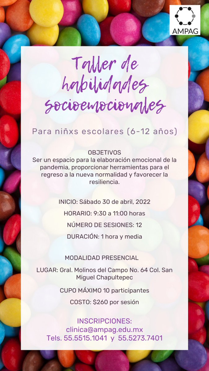 Tenemos programado el “Taller de Habilidades Socioemocionales” para niños de 6-12 años.

Este taller será presencial y durante 12 sesiones.

¡Déjanos un mensaje en el correo: clinica@ampag.edu.mx para registrarte!

#tallerpresencial
#habilidadessocioemocionales