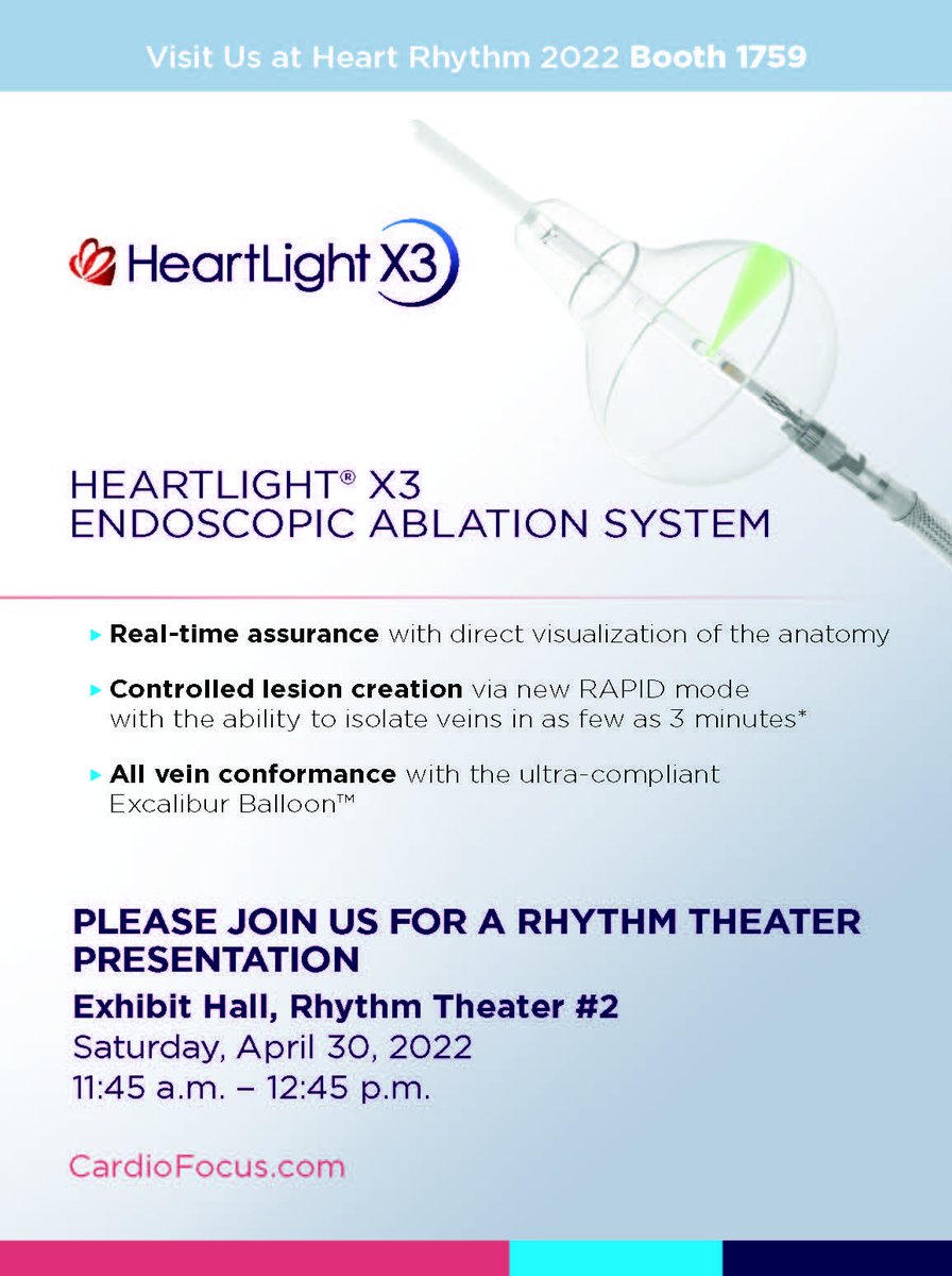 CardioFocusAF's tweet photo. Be to sure to stop by booth 1759 and attend our Rhythm Theater, either in-person or virtually, on Saturday, April 30 from 11:45-12:45 PT at #HRS2022 to learn more about HeartLight X3 for the treatment of atrial fibrillation.

#X3Vision #Epeeps https://t.co/0bXOKssEIN
