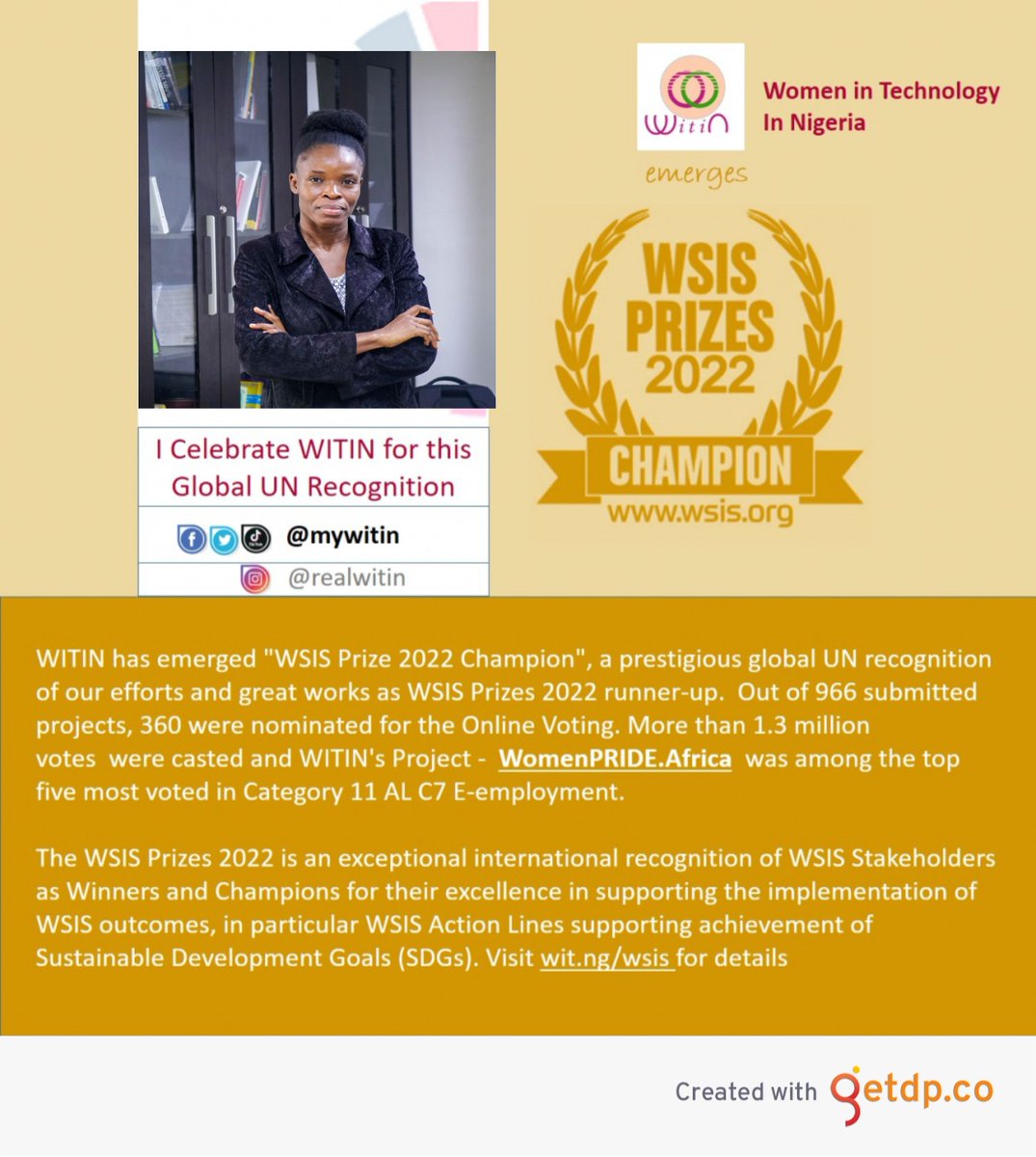 sharzzofficial's tweet photo. #Congratulations to @mywitin on her global recognition by the #UnitedNations' World Summit on Information Society (WSIS) Prize of 2022
🎉🎉🎉👌
 https://t.co/QVKY6gyAbb 
#Champion #WITIN #womenintech 
#WomenPRIDEdotAFRICA https://t.co/plV8ybIYvF https://t.co/2WGprkQXqf