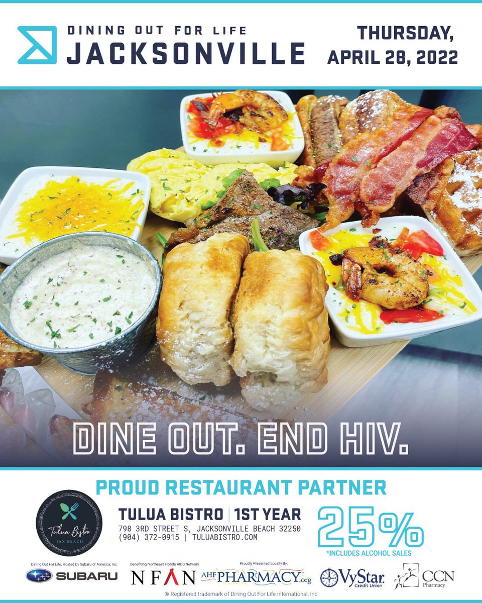 DOFLJax's tweet photo. We are excited Tulua Bistro (1st Year Restaurant) is joining us for Dining Out For Life® on April 28! Tulua Bistro (798 3rd St, Jax Beach - 8AM-3PM) will donate 25% (including alcohol sales) of your bill to NFAN to continue essential/equitable HIV services in Northeast Florida. https://t.co/HL0p97im96