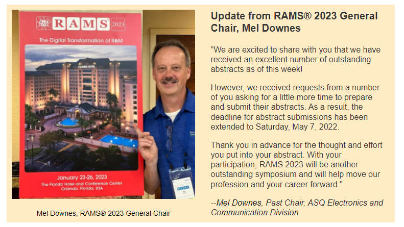 RAMS_Symposium's tweet photo. RAMS 2023 Call for Papers deadline has been extended to May 7th.  Info about submission can be found at https://t.co/H2XQr0k0PV https://t.co/II4JO1ULWv