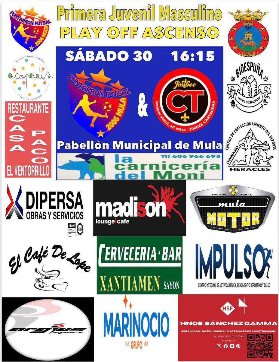 PRIMERA JUVENIL|

PLAY OFF 
2ª eliminatoria

📅 Sabado 30
⏰ 16:15
🏟 Pabellón Municipal de Mula
⚔️ <a href="/JimbeeCartagena/">Jimbee Cartagena Costa Cálida ❤️🤍</a>

Nuestro juvenil se juega forzar el tercer partido por lo tanto nuestros chavales también os necesitan afición. Os esperamos a todos. 💪🏽💛