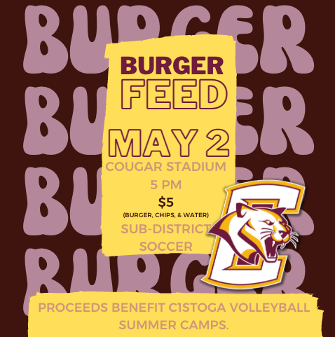 C1stogaV's tweet photo. Monday, May 2 - Cheer on the @C1stogaGSoccer during their Sub-District match, and help raise money for @C1stogaV for their summer camps and activities. The burger feed will be at Cougar Stadium - $5 for a burger, chips, and water! https://t.co/xOC8mRQHtJ