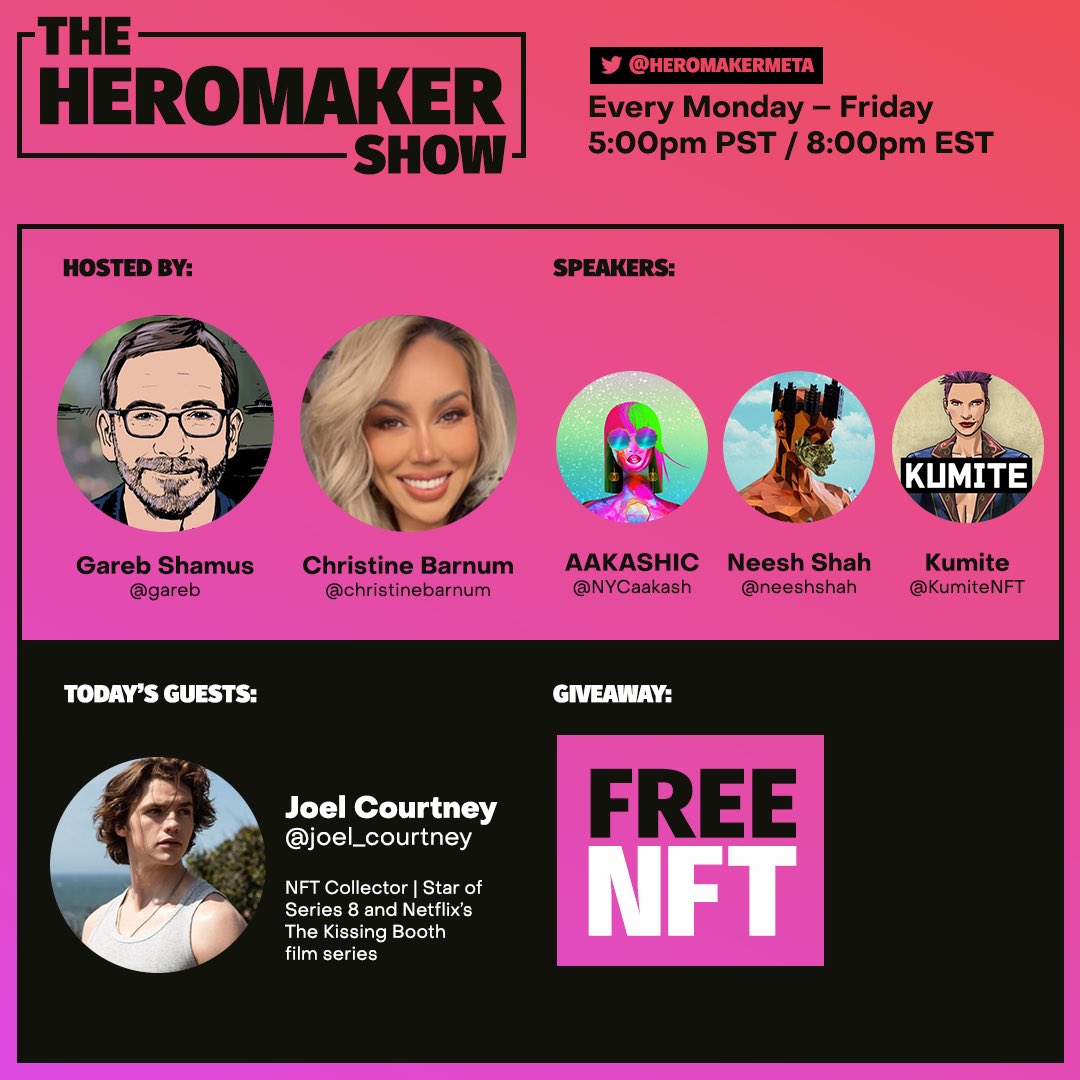 Kumite NFT (@kumitenft) on Twitter photo 🦸♀️HEROMAKER SHOW GIVEAWAY🦸♂️
💥Follow <a href="/heromakermeta/">HeroMaker Studios</a> & <a href="/kumitenft/">Kumite NFT</a>
💥💜, 🔁, Tag 3 Friends
💥Attend tonight’s #theheromakershow with guest <a href="/Joel_Courtney/">Joel Courtney</a> star of the popular Netflix Series, The Kissing Booth! 🙌
x.com/i/spaces/1rmxP…
#NFTGiveaways #TwitterSpaces #NFTCommunity 🦸♀️HEROMAKER SHOW GIVEAWAY🦸♂️
💥Follow <a href="/heromakermeta/">HeroMaker Studios</a> & <a href="/kumitenft/">Kumite NFT</a>
💥💜, 🔁, Tag 3 Friends
💥Attend tonight’s #theheromakershow with guest <a href="/Joel_Courtney/">Joel Courtney</a> star of the popular Netflix Series, The Kissing Booth! 🙌
x.com/i/spaces/1rmxP…
#NFTGiveaways #TwitterSpaces #NFTCommunity