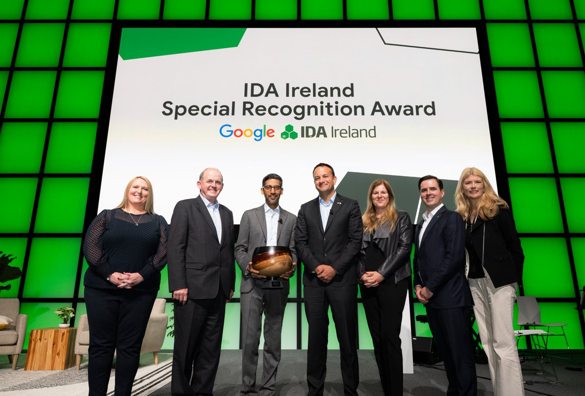 IDAIRELAND's tweet photo. The IDA Ireland Special Recognition Award was presented to @SundarPichai by Tánaiste and Minister @DETE @LeoVaradkar and CEO @MartinDShanahan today in recognition of @Google huge contribution to Ireland over the last 19 years #InvestinIreland #FDI #buildingthefuturetogether https://t.co/3ODarURFTF