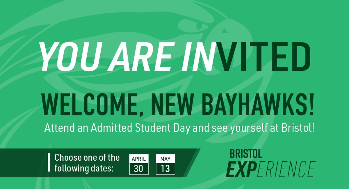BristolCC's tweet photo. This Saturday, from 10 a.m. -  noon, we are welcoming brand new Bayhawks to @BristolCC at Admitted Student Day! Help us spread the word. 

Details>> https://t.co/0syrLVk2CJ https://t.co/aFg4S2tImE