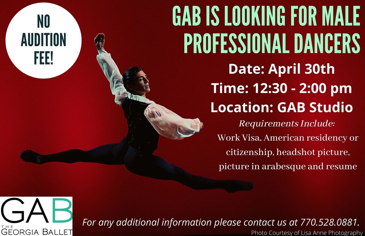 GeorgiaBallet's tweet photo. THIS SATURDAY!  SPREAD THE WORD AND TAG A MALE DANCER! (18 and up)

Male Company Member Auditions with GAB - Saturday, April 30th from 12:30 - 2:00 pm

Do you have what it takes to be apart of The Georgia Ballet Professional Company? https://t.co/uetLRw4Xpd