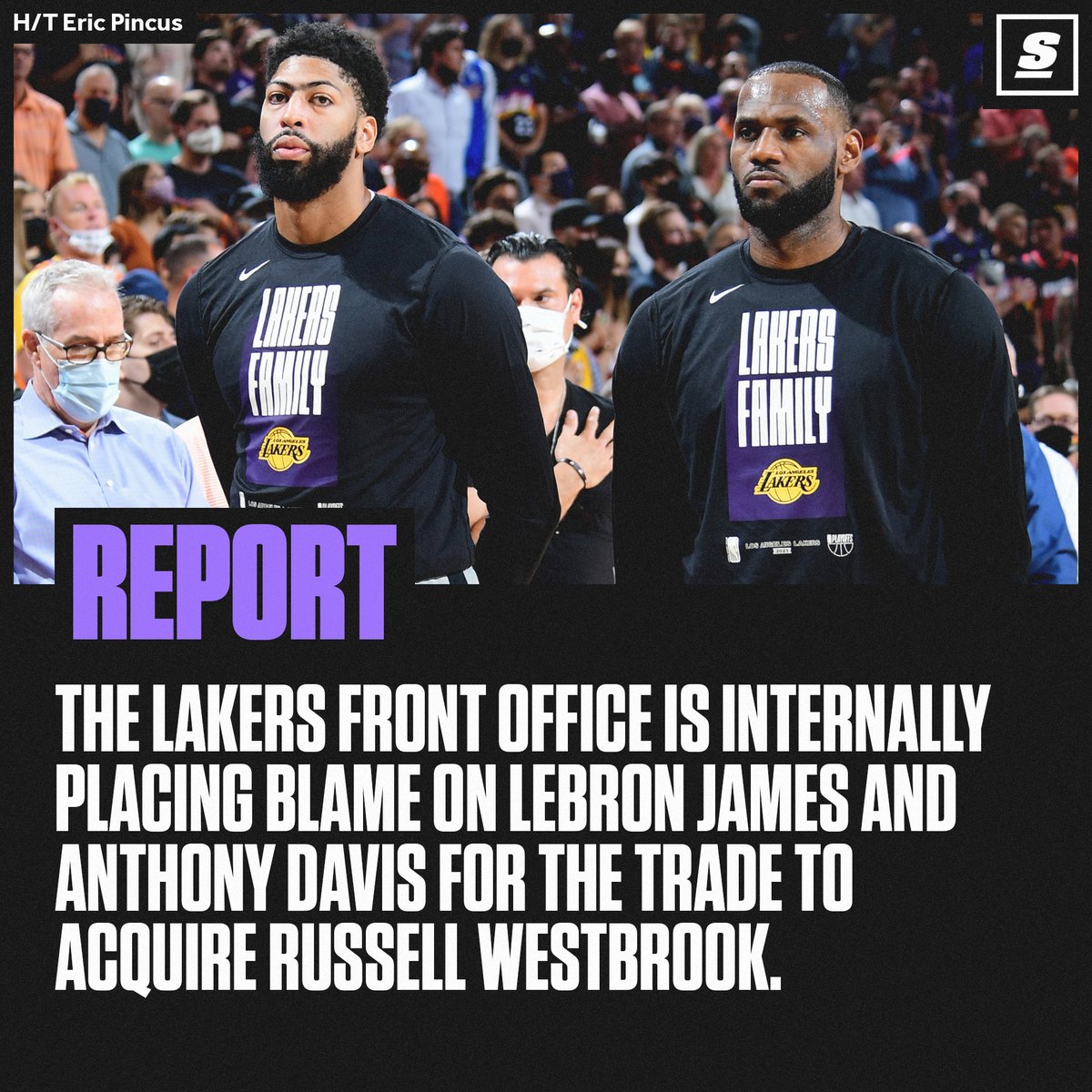 theScore's tweet photo. The Lakers front office is reportedly pointing fingers at LeBron and AD for trading for Russell Westbrook. 😳 https://t.co/fYZSnoRPdM