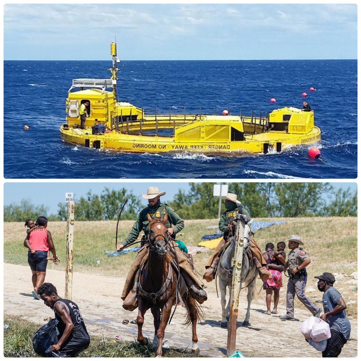 noisemakersanon's tweet photo. Ukrainian refugees beware!
In the #UK, #PritiPatel uses #WaveMachines to drown refugees, or sends them to concentration camps in #Rwanda.

In the #US, cowboy #POTUS herds refugees on horseback using whips. He separates parents &amp; children. He puts them all in special prisons. https://t.co/hubQs7M6Zl