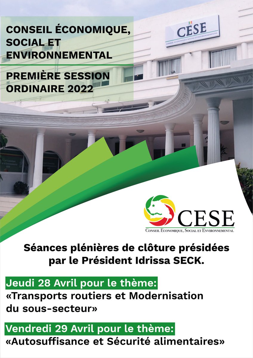 Séances plénières de clôture présidées par le Président Idrissa SECK 

Jeudi 28 avril 2022 pour le thème: " Transports routiers et Modernisation du sous-secteur."

Vendredi 29 avril 2022 pour le thème:" Autosuffisance et Sécurité alimentaires."