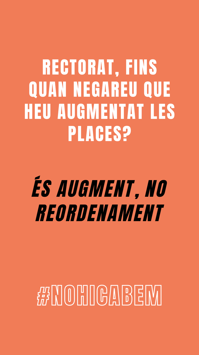 ⚠️ Aquest curs ja s'han augmentat 30 places, el curs vinent s'augmentaran 30 més.
Rectorat ja ha deixat clara la seva postura, és el moment d'actuar‼️

#NOHICABEM