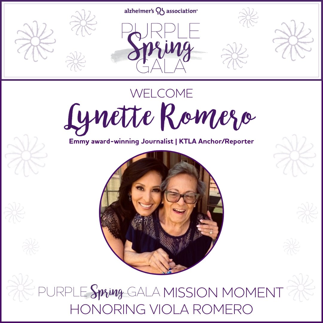 We're thrilled to announce that Emmy-winning anchor @LynetteRomero will share her mission moment in honor of her mother at the #PurpleSpringGala on 4/28. We look forward to a wonderful evening of raising funds and awareness to fight Alzheimer’s. laspringgala.givesmart.com #ENDALZ