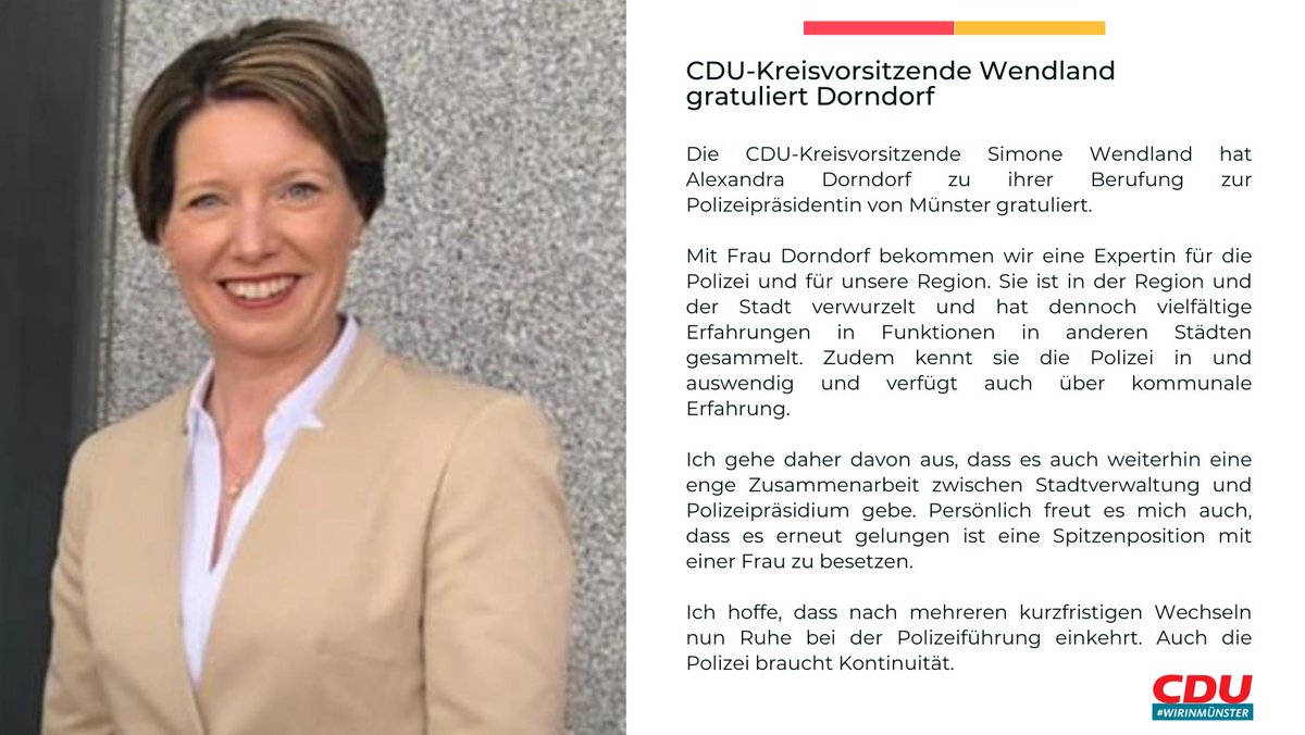 CDU_MS's tweet image. CDU-Kreisvorsitzende @_SimoneWendland gratuliert neuer #Polizeipräsidentin Alexandra #Dorndorf

Mehr unter 👇
cdu-muenster.de/lokalas_1_1_28…

@Polizei_nrw_ms 

#cdums #machenworaufesankommt #sicherheit #münsterland