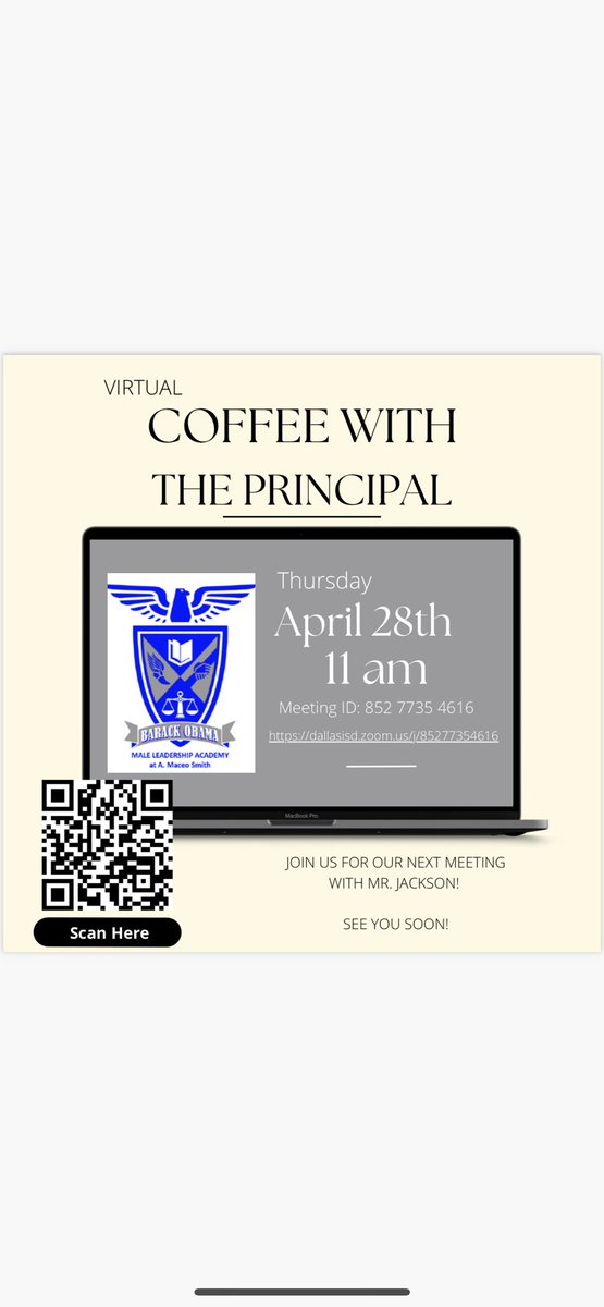 ObamaMLA's tweet photo. BOMLA Parents! Join us on Zoom for our next Virtual Coffee with the Principal on Thursday, April 28th at 11 am #BOMLA #BOMLANation #SingleGenderSchool #ChooseDallas #DallasISD #ParentEngagement #ApplyToday https://t.co/iGaAmJjpIX