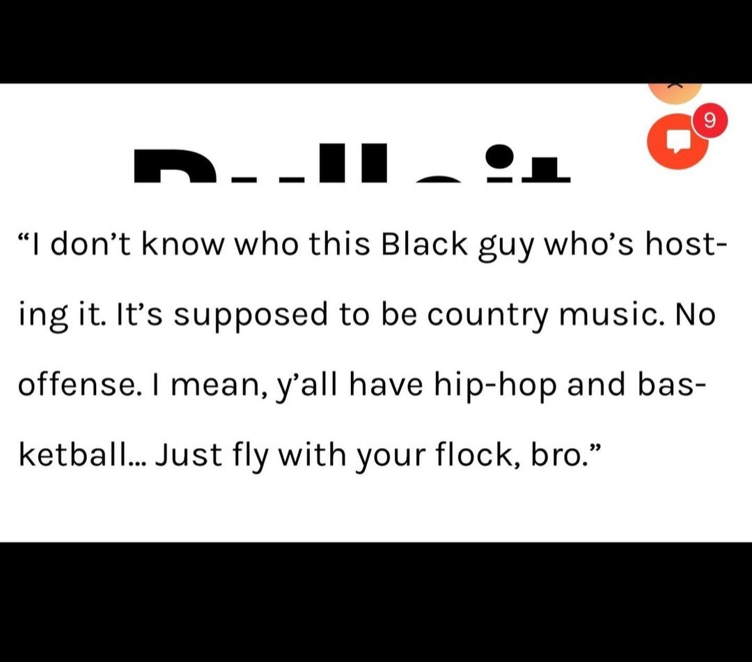 ForOurBabies76's tweet photo. #PatrickHowley last I checked Black people are a big part of country music origins.Most commenters for decades were yt even tho basketball is played by predominately BK people. HipHop industry is predominantly run by yt folk but u mad Bk people got air play at country awards🤔 https://t.co/vqRCEXTP9m