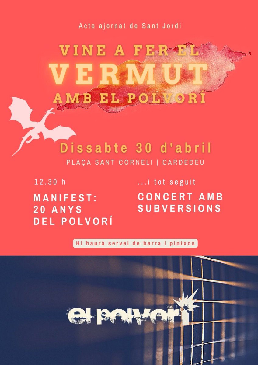 PolvoriCardedeu's tweet photo. Us vam avisar que seria més aviat que tard: aquest dissabte recuperem l’acte ajornat la setmana passada!
I ho fem, ara sí, per iniciar el compte enrere cap al #Polvorí2022 amb un manifest sobre els #20anysPolvorí 🧨 i concert amb #Subversions 😍
Oi que vindreu a fer el vermut? https://t.co/HrUumpInJs