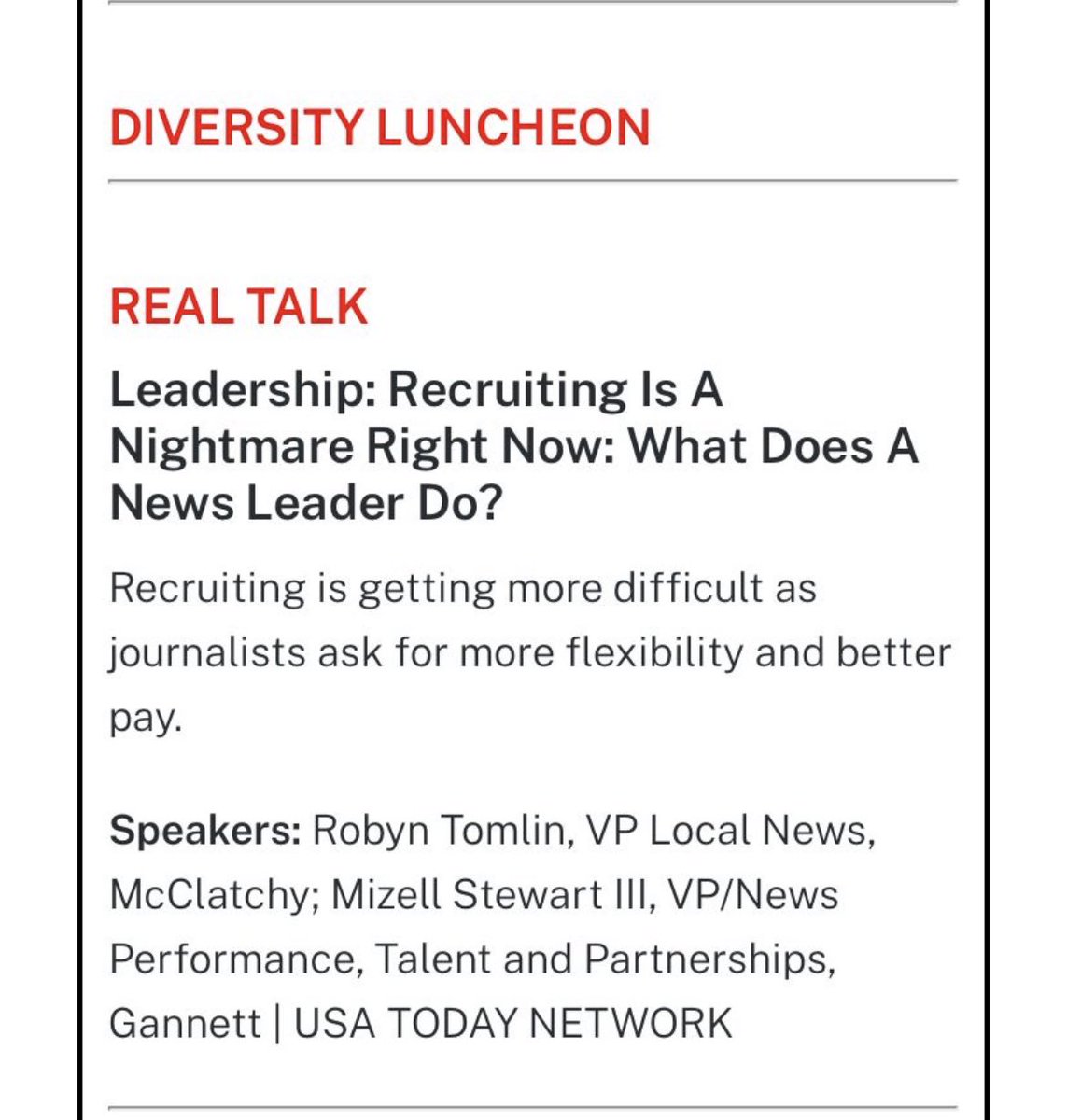 IdahoNewsGuild's tweet image. When the company that refuses to pay fair wages is planning to speak at a conference about how recruiting is a “nightmare right now” because journalists are asking for better pay 👀 @mcclatchy @robyntomlin @NewsLeaders @tonywhunter @KLR_Editor