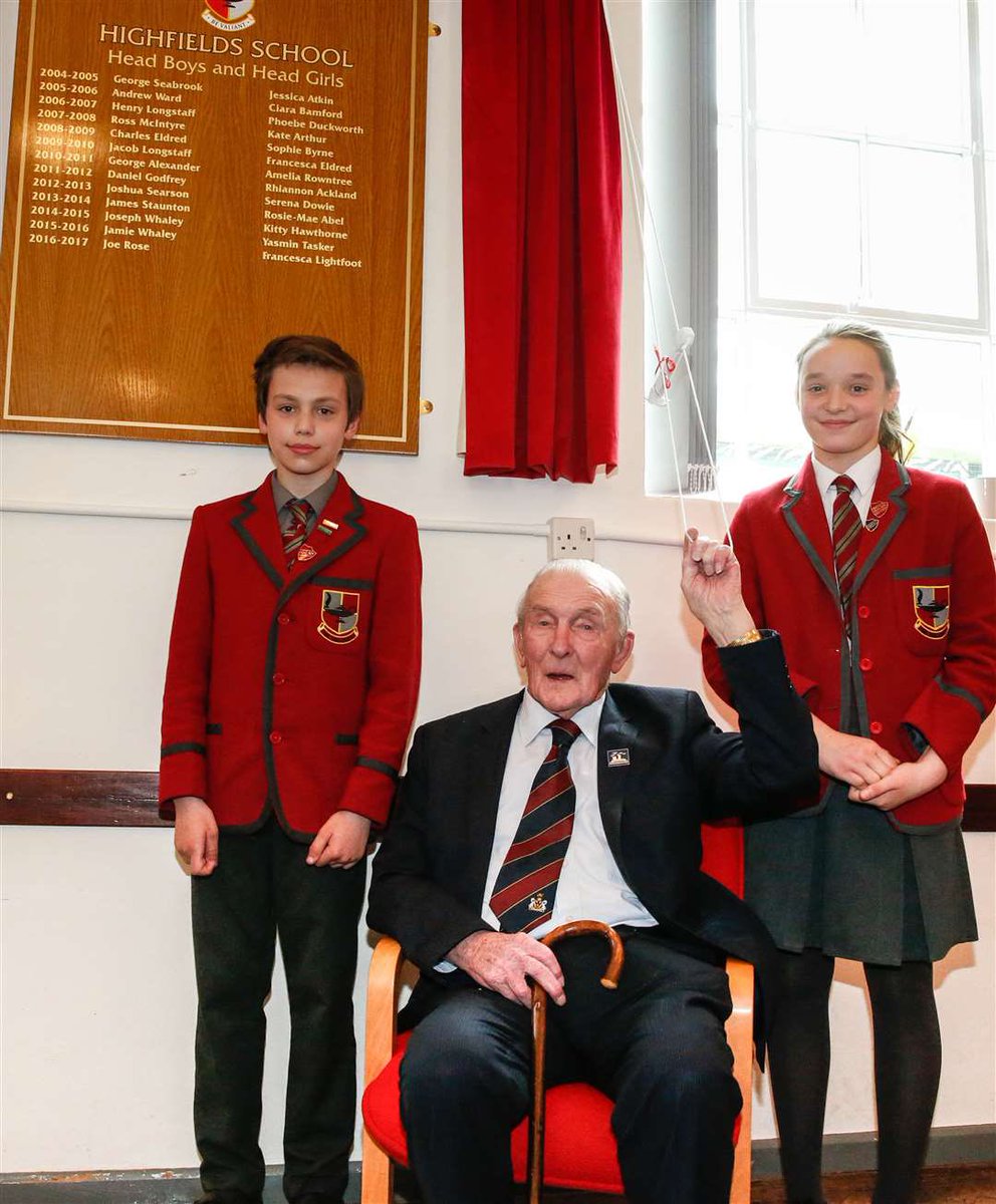 OldHighfeldians's tweet photo. Another one from the archives! This is a picture of the day when the then new honours board at Highfields was unveiled by Squadron Leader George ‘Johnny’ Johnson with pupils 11-year-olds Joe Rose and Frankie Lightfoot. What a special day @HighfieldsNG24 ❤️ https://t.co/k7g2Ync3ID