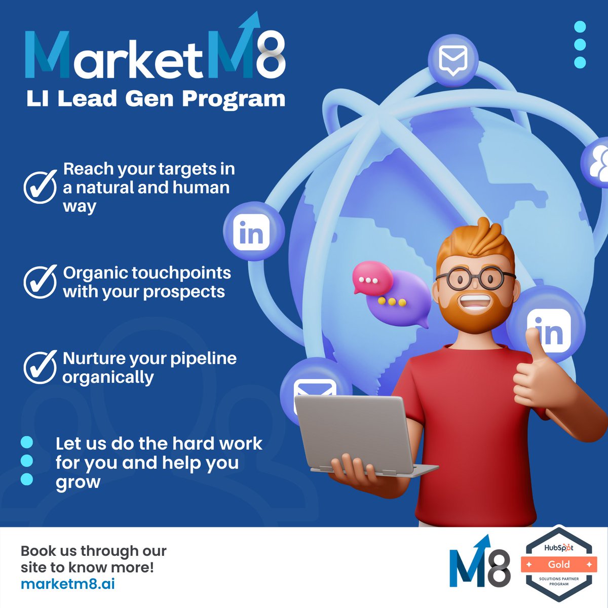 M8Market's tweet photo. The MarketM8 LI Lead Gen Program is versatile enough to provide many #touchpoints with your #prospects, allowing you to reach out to them naturally and humanly. Our team finds strong fits for your company. 

#MM8 #marketing #organic #humantouch #business #messaging #emailing@ https://t.co/xPIuHDdbpz