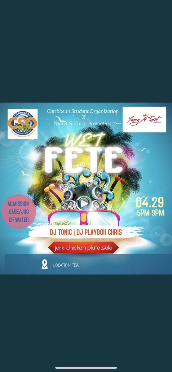 ___aaliyahhh's tweet image. THIS FRIDAY! 
POP OUT TO WET FETE FOR A PREGAME WITH @SHSUCSO 

AND WE’LL CATCH YALL AT #PROJECTSAM AFTER! 

A DAY OF AFRO. &amp;amp; CARIBBEAN VIBES ARE WUTH GREAT DJS! 
@dj__tonic @Djplayboiichris