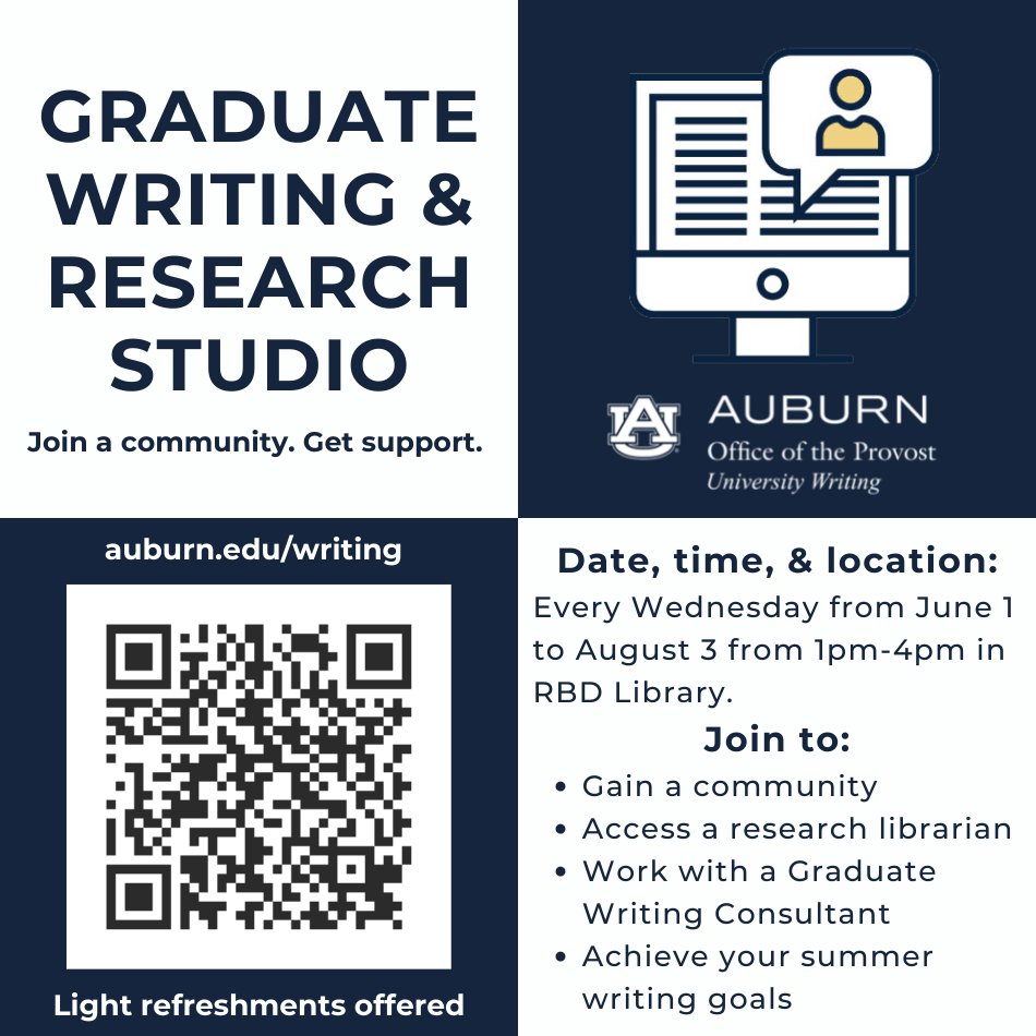 UnivWritingAU's tweet photo. Join our Graduate Writing &amp; Research Studio! Register at: https://t.co/58yELthgg1 #UniversityWriting #AuburnUniversity #Auburn #WritingAtAU #MillerWritingCenter https://t.co/Dd1B6Wo4yG