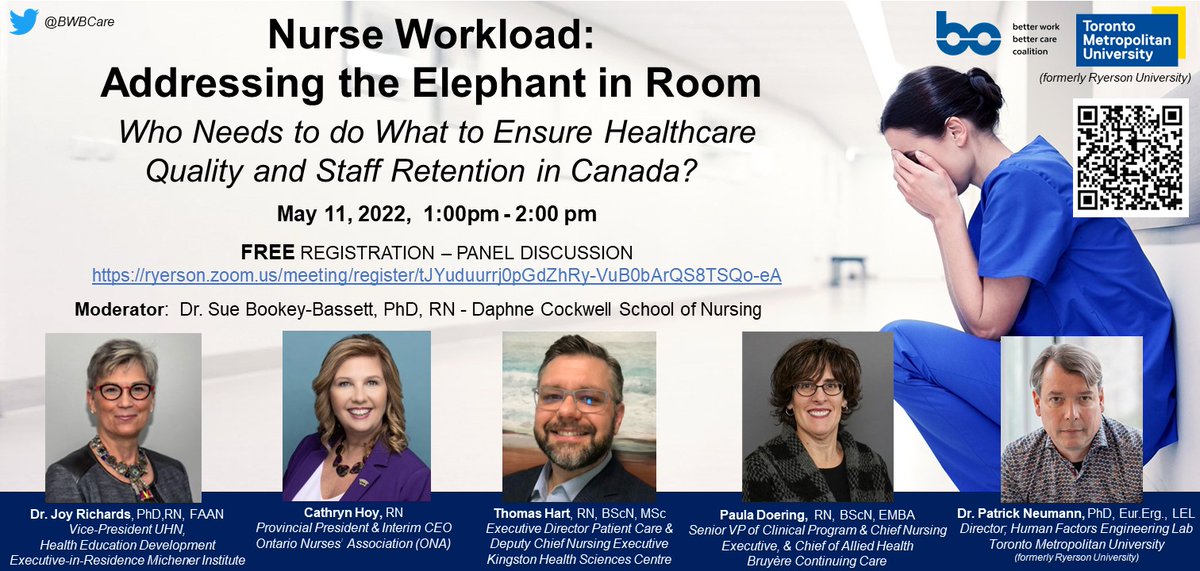 #FREEWebinar Nurse Workload: Addressing the Elephant in Room - Who needs to do what to ensure healthcare quality&amp;staff retention in Canada? 

ryerson.zoom.us/meeting/regist… 

<a href="/UHN/">University Health Network</a> @bruyerecare <a href="/RyersonU/">Ryerson University</a> <a href="/tjhart81/">Tom Hart</a> <a href="/KingstonHSC/">KingstonHSC</a> @CathrynOna <a href="/ontarionurses/">Ontario Nurses' Association</a> <a href="/suebb934/">Dr. Sue Bookey-Bassett</a> <a href="/npurdytoday/">Nancy Purdy</a>