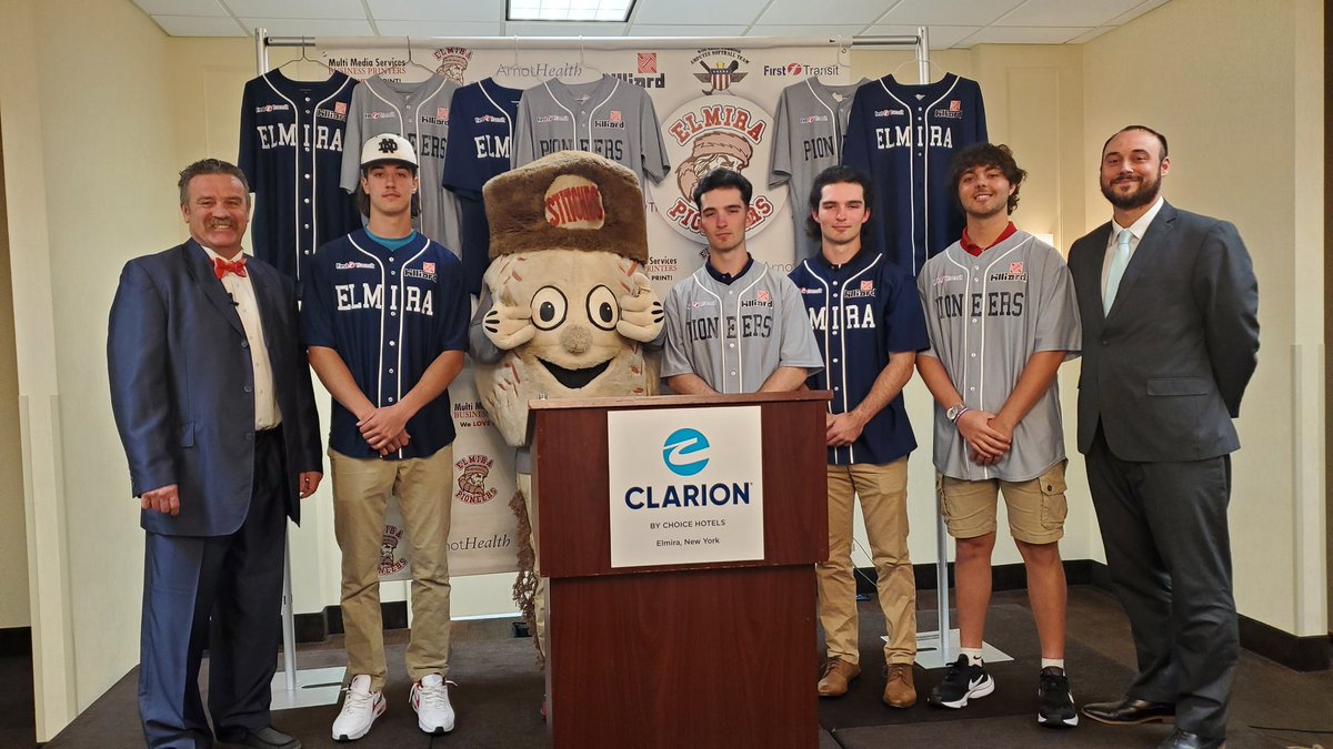 Awesome pic of today's <a href="/PioneersPGCBL/">Elmira Pioneers</a> press event, Stitches was also in the house. <a href="/NDHS_Elmira/">NDHS</a> <a href="/Owen_stewart19/">Owen Stewart</a>, <a href="/ECSD_Athletics/">Express Athletics</a> <a href="/ECSD_Schools/">Elmira City Schools</a> grads <a href="/maxodum03/">Max Odum</a> and Zack Odum,<a href="/EdisonBaseball4/">Edison Baseball</a> grad <a href="/BurchXander/">BurchXander</a>.
