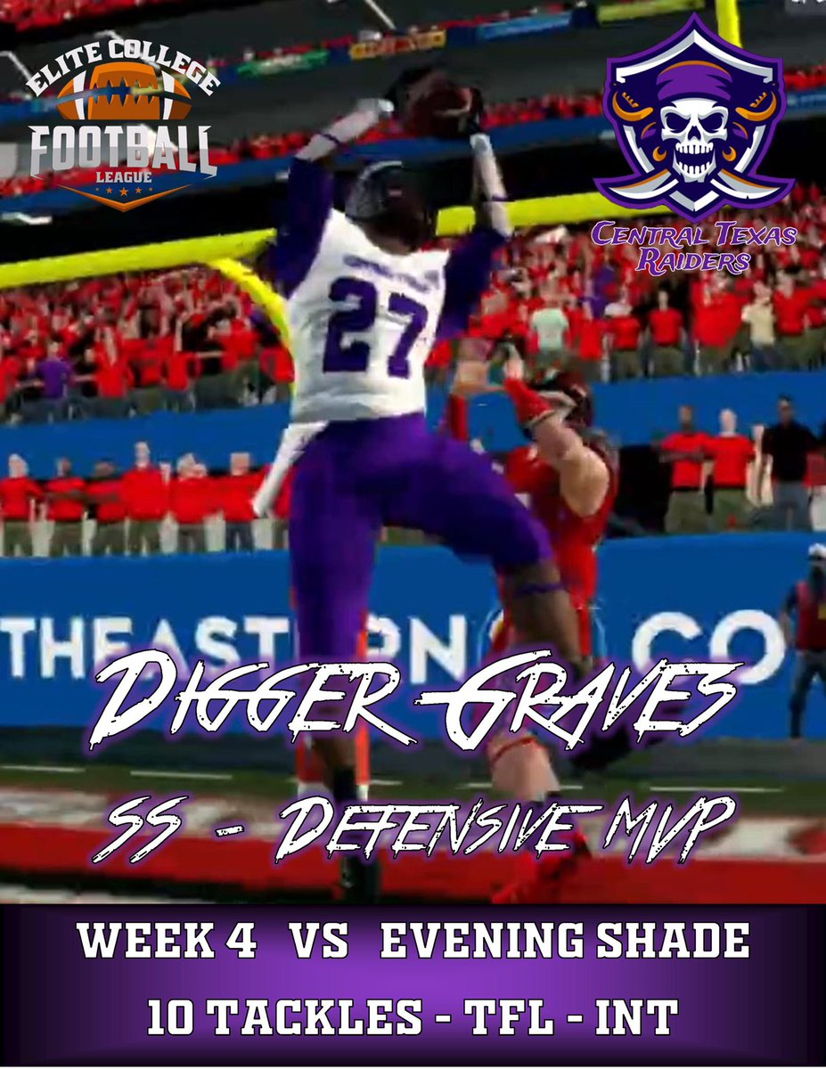 Digger Graves led the defense to their first win and earned DMVP honors for the @RaidersUct against @ECFLBandits last week! #ECFLsim
