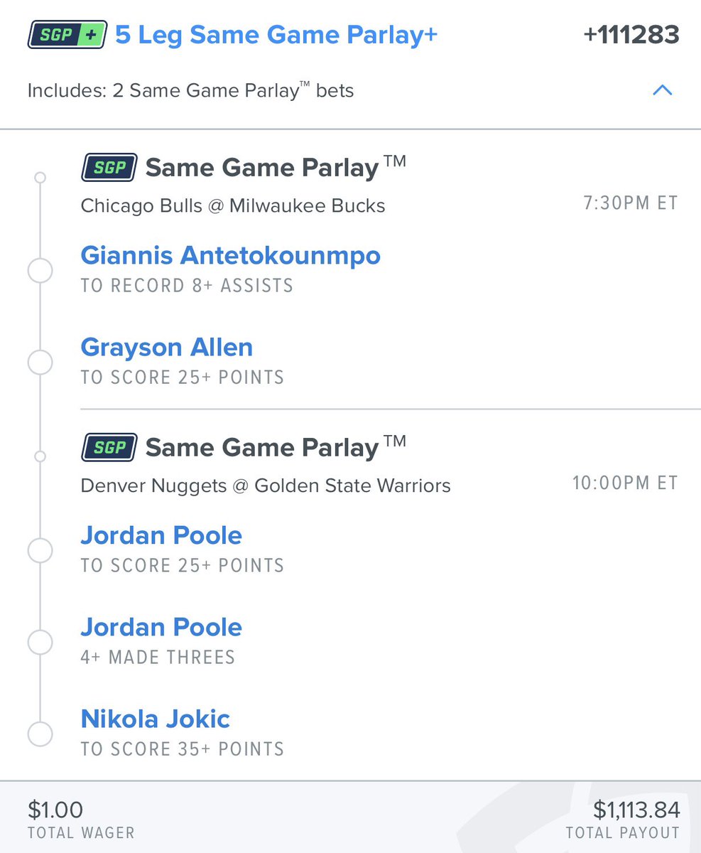 DollarParlay's tweet photo. Dollar parlay of the day 4/27

💸 $1 to win 1.1k 💸 

Not sure if GA has 25 in him again but gotta take it at that price. Good luck to those tailing! 🤝

#bettingtwitter #GamblingTwitter #parlay #NBAparlay #NBAprops https://t.co/kdwO7NOJOu