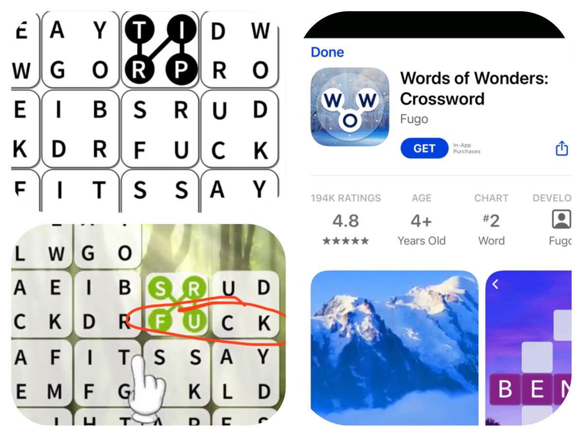 terrorgear's tweet photo. @JamCityHQ my kids have been seeing vulgarities when playing @Disney Emoji Blitz. Some “word search” type ads contain profanity as shown here. Is the App Store the best place to file this complaint or is there another avenue we should look into? Thank you. https://t.co/6TsiIr3jo8