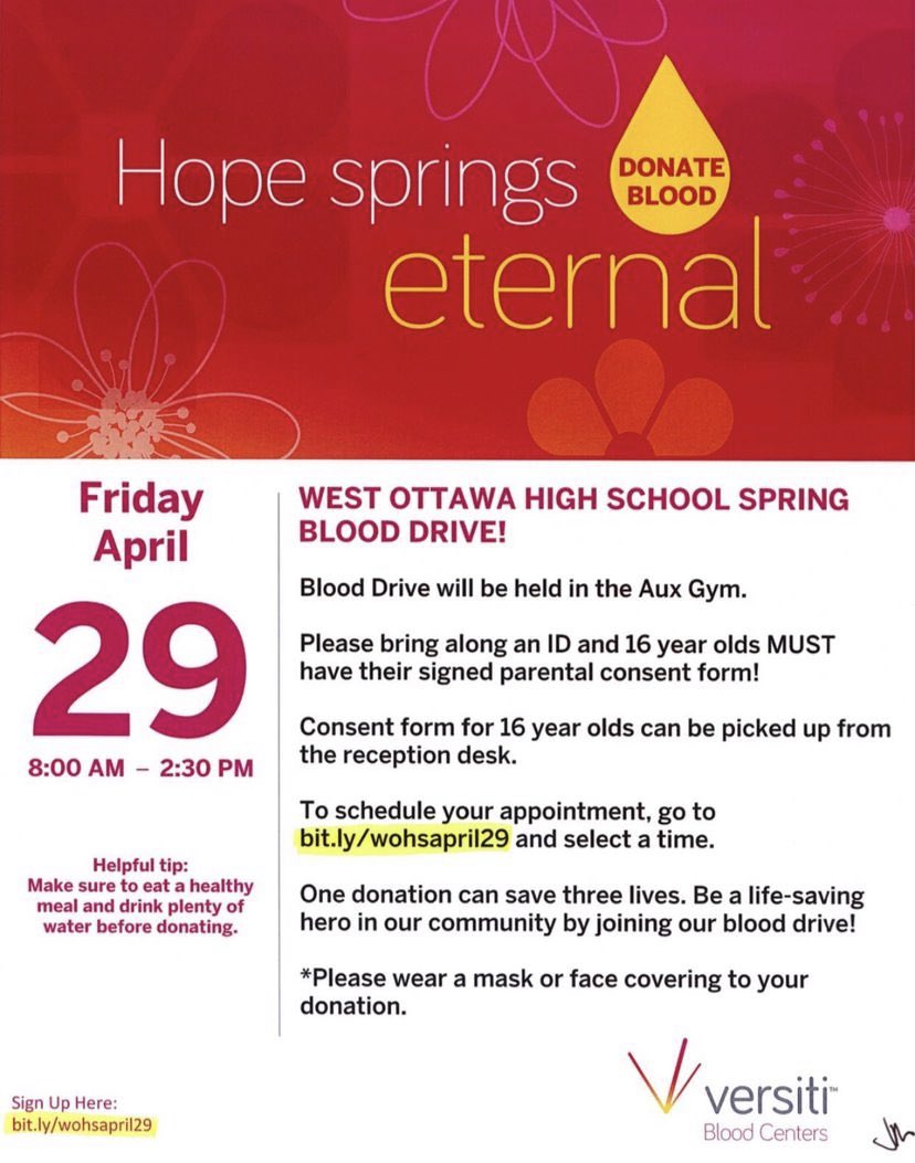 Student Senate’s last blood drive is THIS FRIDAY!! Sign up now and save 3 lives! <a href="/WestOttawaHS/">West Ottawa HS</a> 
donate.michigan.versiti.org/donor/schedule…