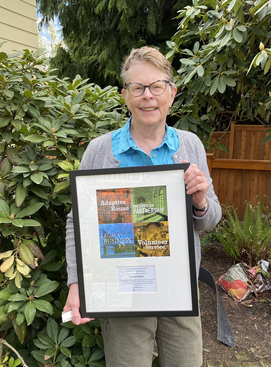 Congrats to Lorelea Hudson, winner of 2021 #Spellmanaward for #volunteerservice with many organizations but especially with #kingcounty #historicpreservation program. Due to virtual ceremony she finally received her award this week! #archaeologist #landmark #commissioner