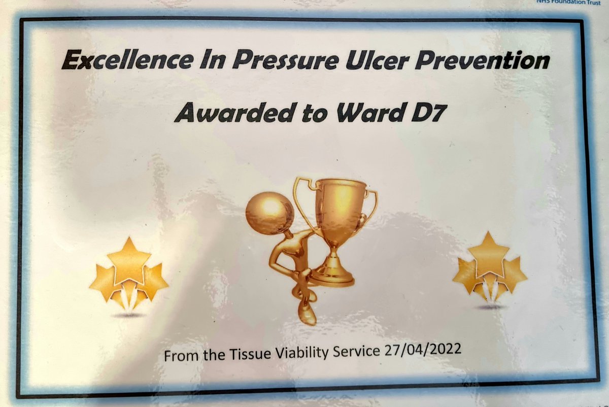 ward_M6's tweet photo. Today our TVN link nurses attended the Pressure Ulcer Collaborative, it was a great event for us all to share our knowledge and best practice. And to top it off we received this award in recognition of the fantastic work our team does in preventing pressure ulcers! #teamd7 https://t.co/b8mtabj5Xu