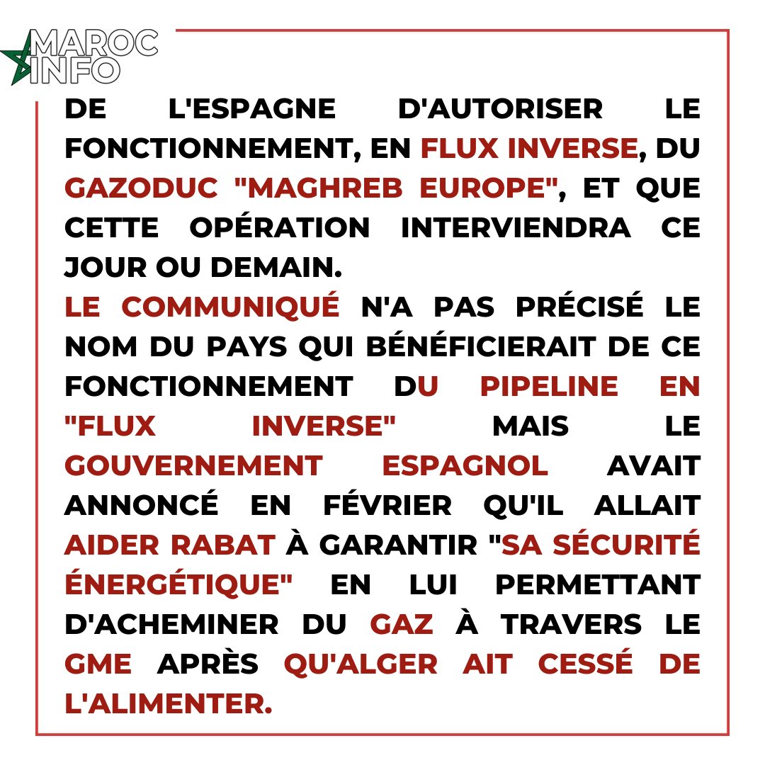 MarocInfo1's tweet photo. [ENERGIE]

Le Ministère algérien de l’Énergie a menacé de cesser de fournir du gaz à l’Espagne, si cette dernière venait à approvisionner « un pays tiers », en référence au Maroc, et ce, dans un contexte de tensions diplomatiques avec Madrid et Rabat.

#MarocInfo #Maroc #Energie https://t.co/Q8EUSuO8e4