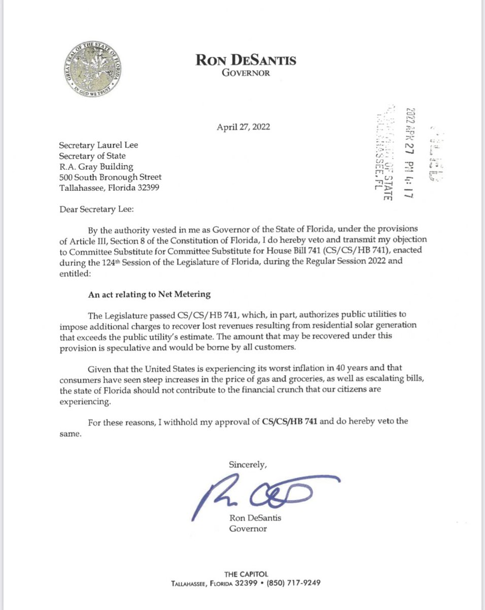 🚨BREAKING NEWS!🚨

Governor DeSantis VETO’S HB 741 today! 

This is a WIN for everyone in the solar industry here in the sunshine state! ☀️

 #solar #veto #stateofflorida #desantis