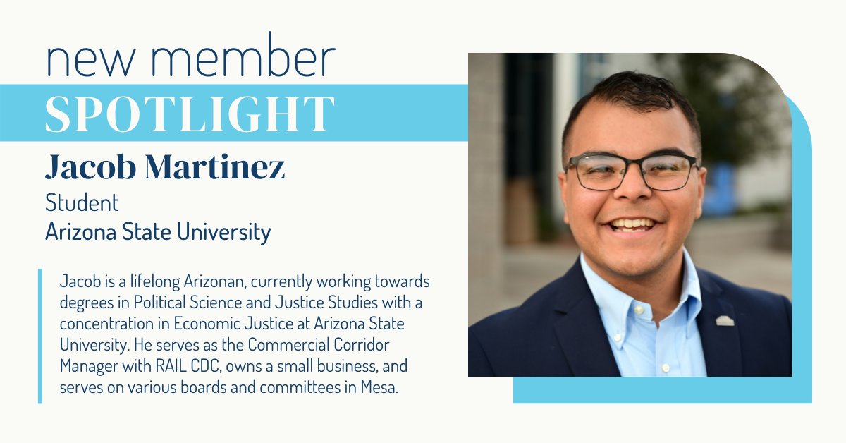 Let's give an #AAEDAz welcome to new member Jacob Martinez! Jacob is dedicated to bolstering both youth &amp; Latino perspectives in the community through placemaking &amp; meaningful engagement.
Welcome, Jacob! 👋
#newmember #economicdevelopment #smallbusinessowner #mesa #student #asu