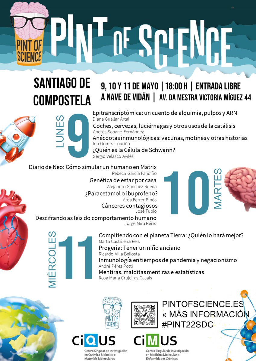 PaaulaSanchez23's tweet photo. 📢La ciencia al alcance de todos de la mano de Pint of Science. 
Una invitación formal a unas tardes de cañas🍻 con mucha ciencia de por medio🦠⚗️👩🏻‍🔬⚛️🍷🔬🧫
🗓️9, 10 y 11 de mayo.
#PoS https://t.co/TvscgLaTAa