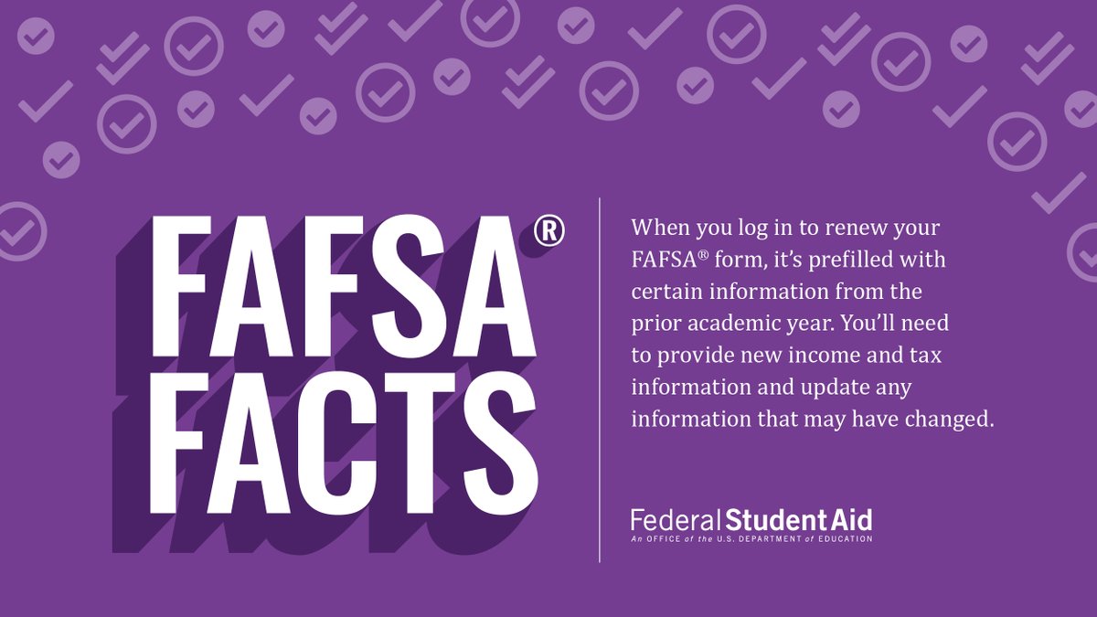 FAFSA's tweet image. It’s true! ✅ You’ll need to complete a FAFSA® form each year you’re in school.  ​

The good news? You can easily renew it! Here’s how you can do just that: go.usa.gov/xunRz
