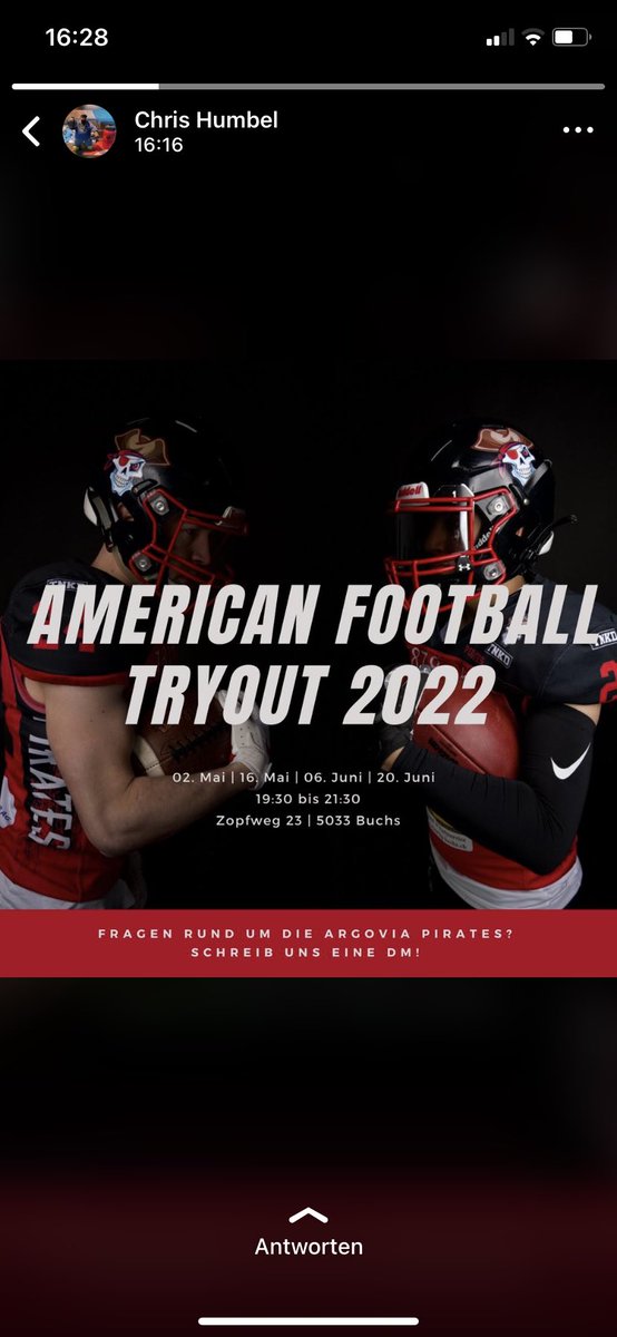 NEWS ALERT!🔥
Wir suchen Verstärkung für unsere Tackle Mannschaften!

Bist Du schnell und agil? Bist Du gross und bringst viel Gewicht auf die Waage? Wir suchen Dich!

Die Tryouts finden statt am:
• 2. &amp; 16. Mai
• 6. &amp; 20. Juni

Komm vorbei 🏴‍☠️🏈☠️
Zopfweg 23, Buchs AG