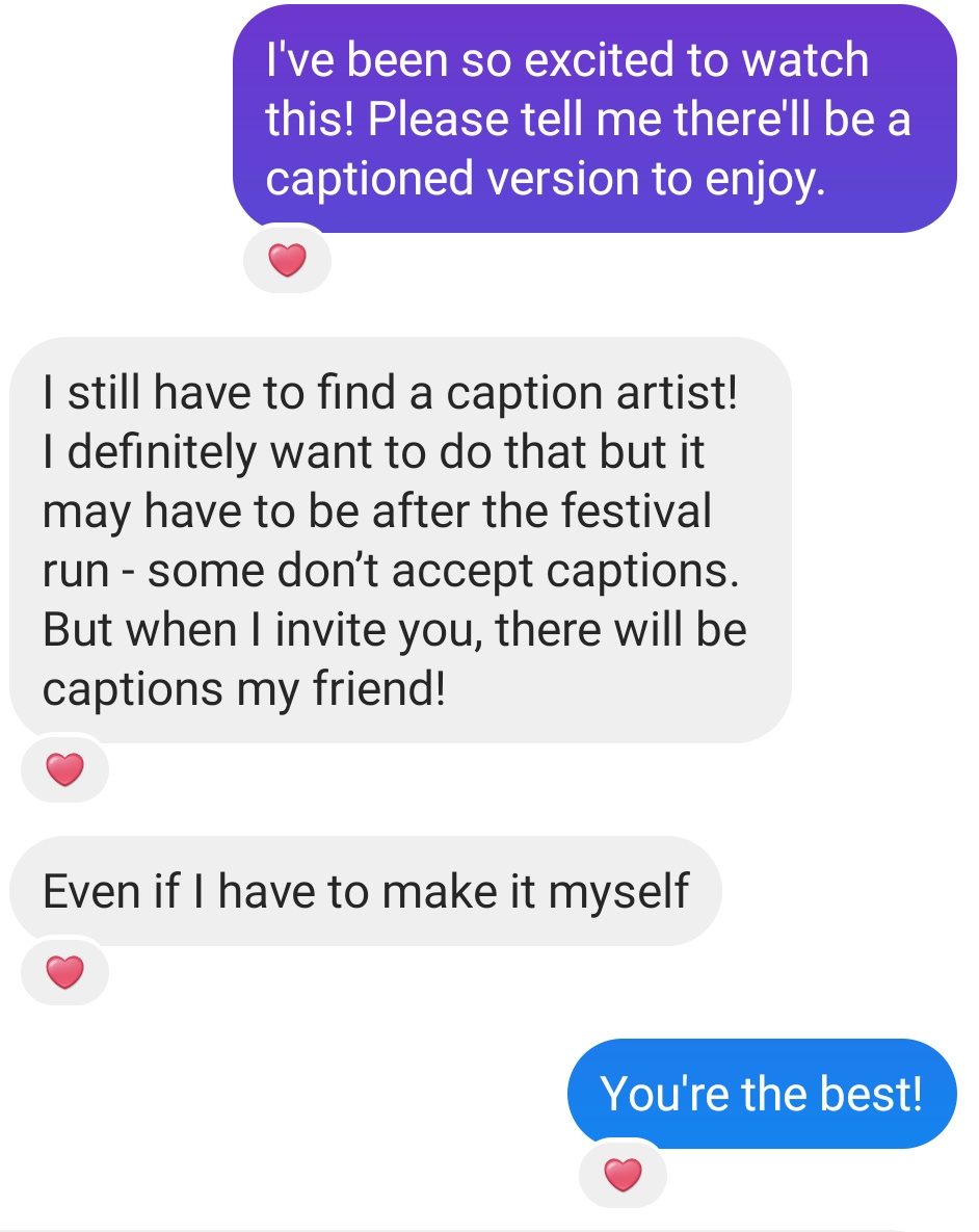 HearInThisWorld's tweet image. In messaging a film director about adding captions to her new film, which I&apos;ve been excited to see and support. Thank you to all that add captions to your work for supporters with hearing loss to be able to enjoy and continue to support. #captionyourcontent #hearinglossawareness