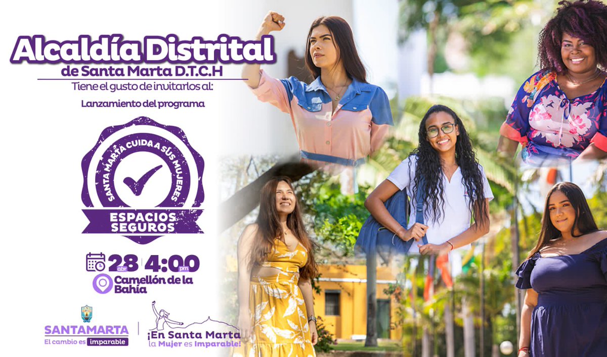 Mañana estaremos desarrollando el lanzamiento del programa ‘Santa Marta Cuida a sus Mujeres, Espacios Seguros’. 

Acompáñanos a partir de las 4:00 pm 
📍Camellón de la Bahía. 
¡Los y las esperamos! 🙌🏻🙋🏽‍♀️