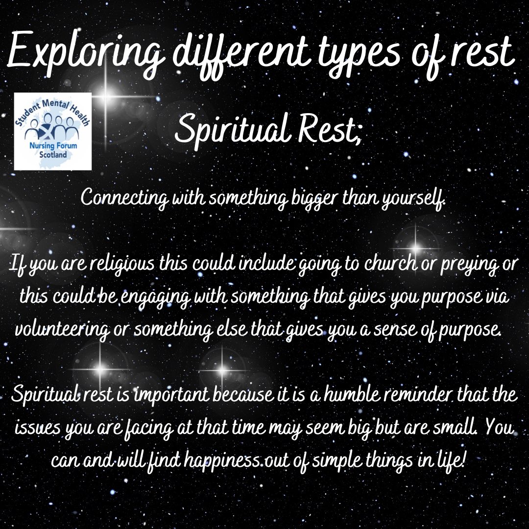 StudentMHNFScot's tweet photo. ✨Well-Being Wednesday✨
2/7 Spiritual Rest 🙌🏼
#studentmhnfs #smhnfs #studentnurse #typesofrest #spiritualrest #WellbeingWednesday https://t.co/EwYEjLLrOw