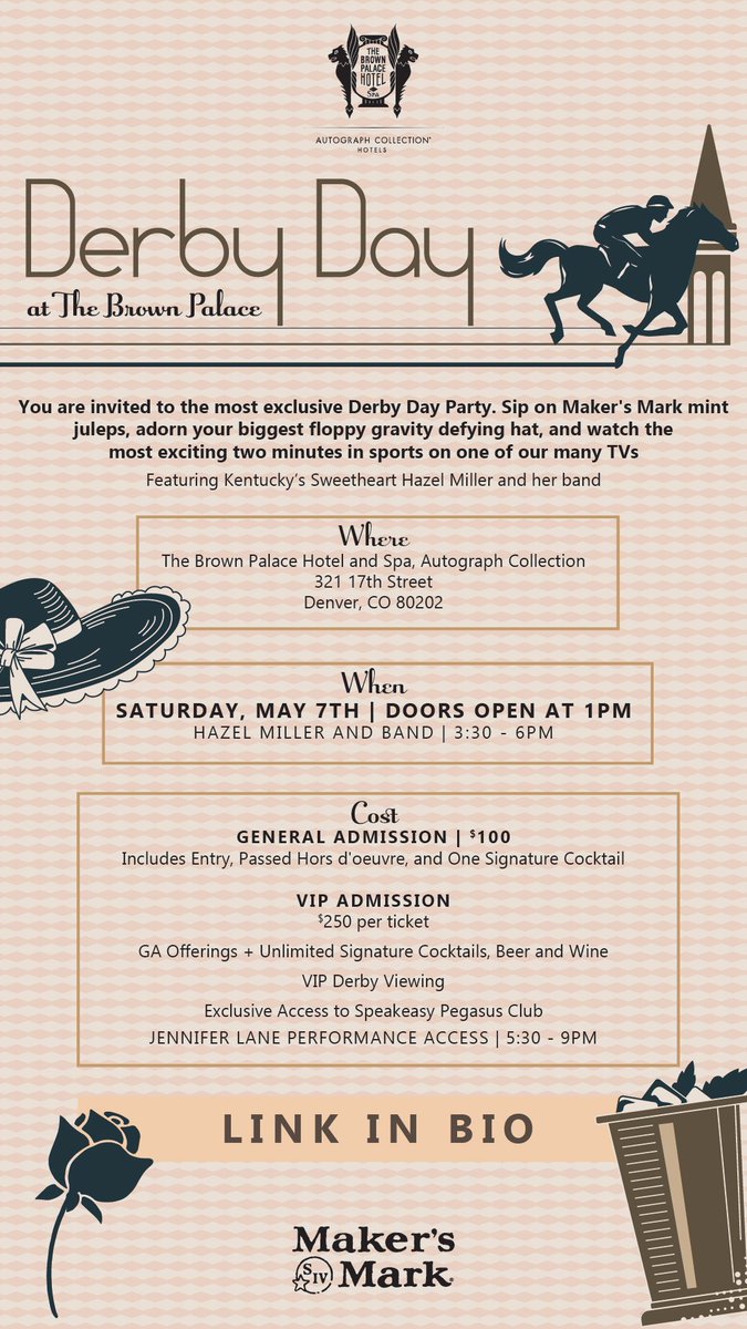 Come join us at the most exclusive Derby Day Party at the #BrownPalace on Saturday, May 7th at 1pm. General, VIP Admission, and Room Packages are available on Eventbrite. 🏇 eventbrite.com/e/derby-day-at…