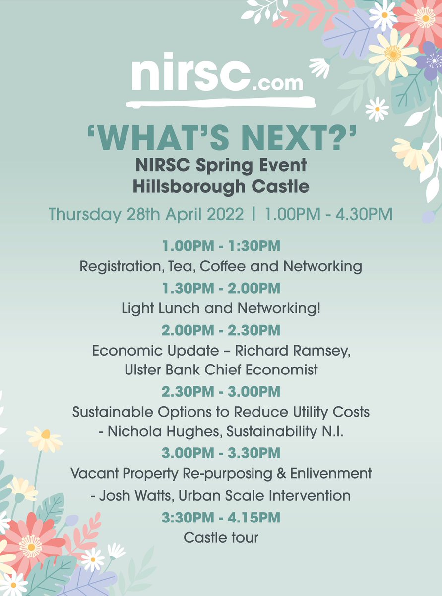 NIRSC1's tweet photo. We look forward to welcoming you to our Spring 'What's Next' event at Hillsborough Castle tomorrow!
We have a fantastic line up of speakers to discuss 'what's next?' in terms of the economy, utilities/sustainability & vacant space repurposing.
#nirsc #SpringEvent22 https://t.co/JMbxRyVQCF