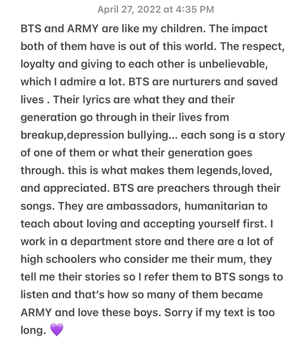 I would like to share a motherly point of view about BTS and say THANK YOU.I’m a mother of 2 boys and 50 years old( I mentioned it before responding for the first time to a tweet). Now thanks to a lot of ARMY, I’m a mother to hundreds and I’m blessed for that.#BTS #BTSARMY