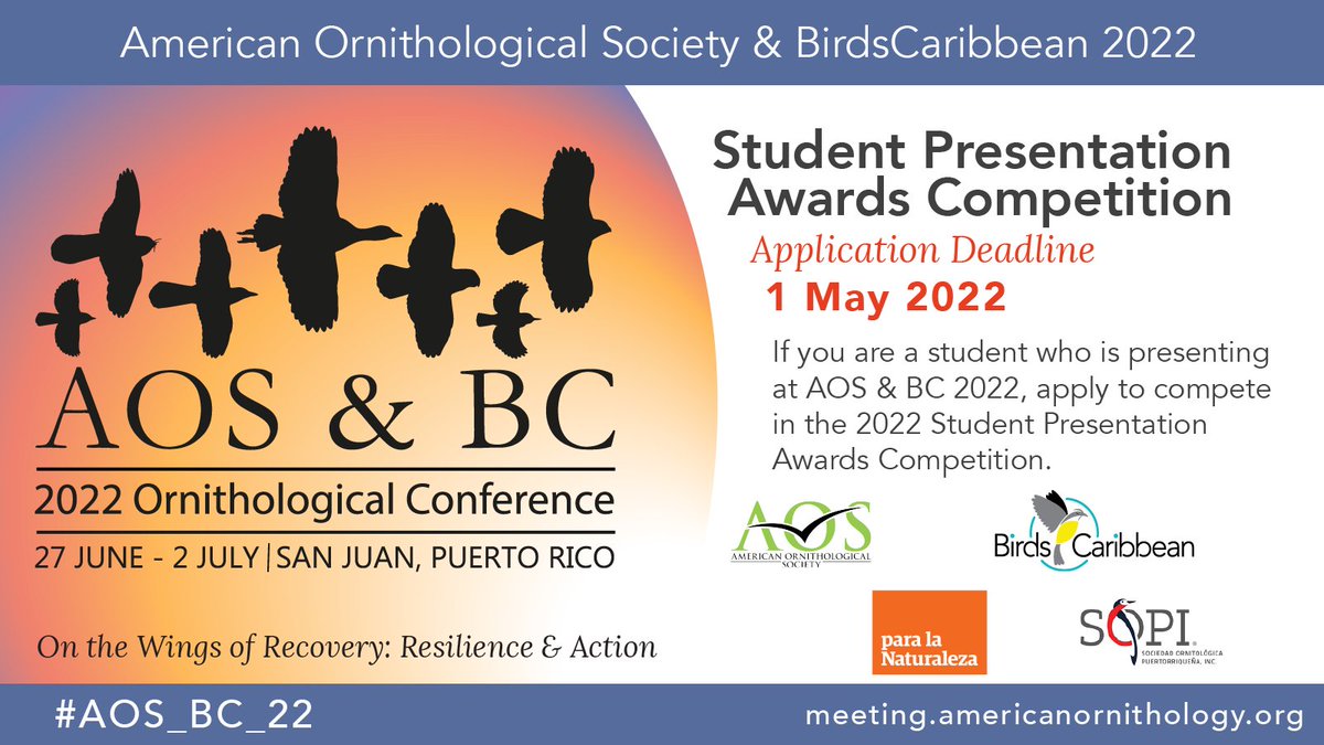 Are you a #student planning to present your work at #AOS_BC_22? Be sure you apply to participate in the student presentation awards competition before the May 1st application deadline! #ornithology
meeting.americanornithology.org/aos-bc-2022-st…